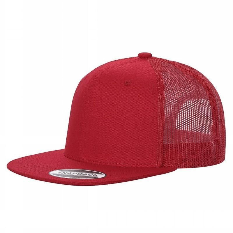 Waycap 6FTM red cotton-polyester blend 6-panel flat bill trucker mesh hat with snapback closure