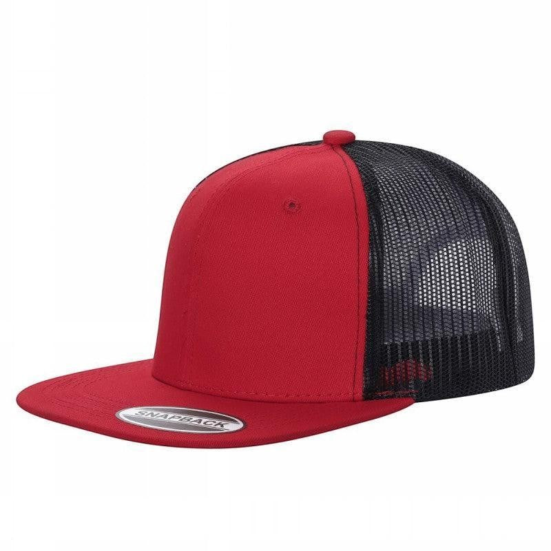 Waycap 6FTM red cotton polyester flat bill trucker hat with black mesh back and snapback closure.