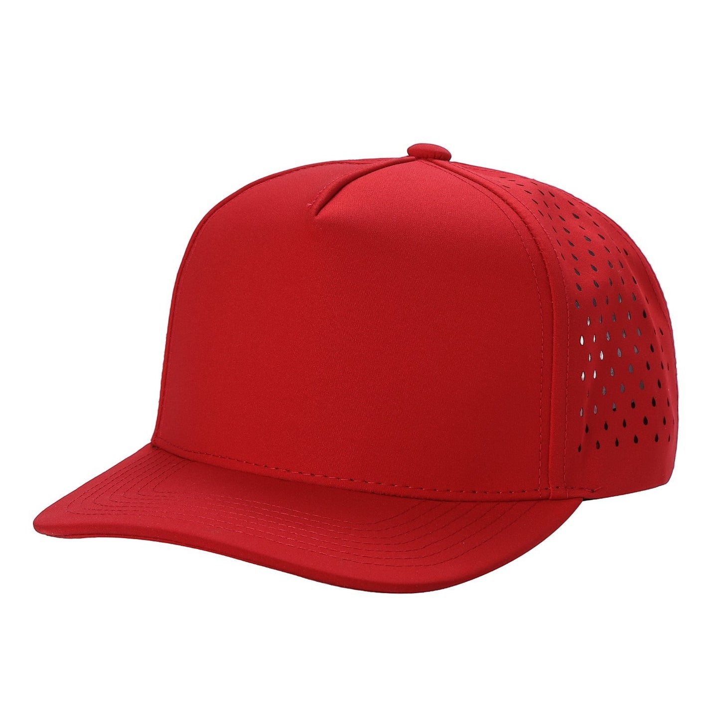 Waycap 5LASER red 5-panel waterproof baseball cap with perforated side panels and flat brim.