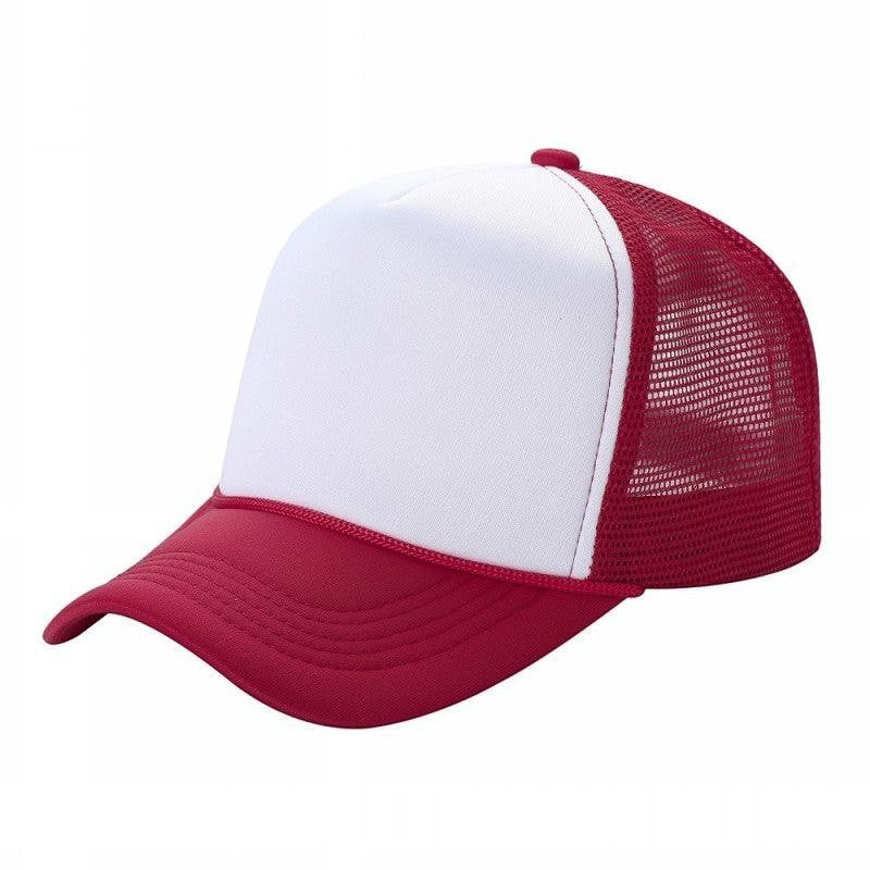 Waycap sponge trucker hat with white foam front and red mesh back. Adjustable snapback closure.