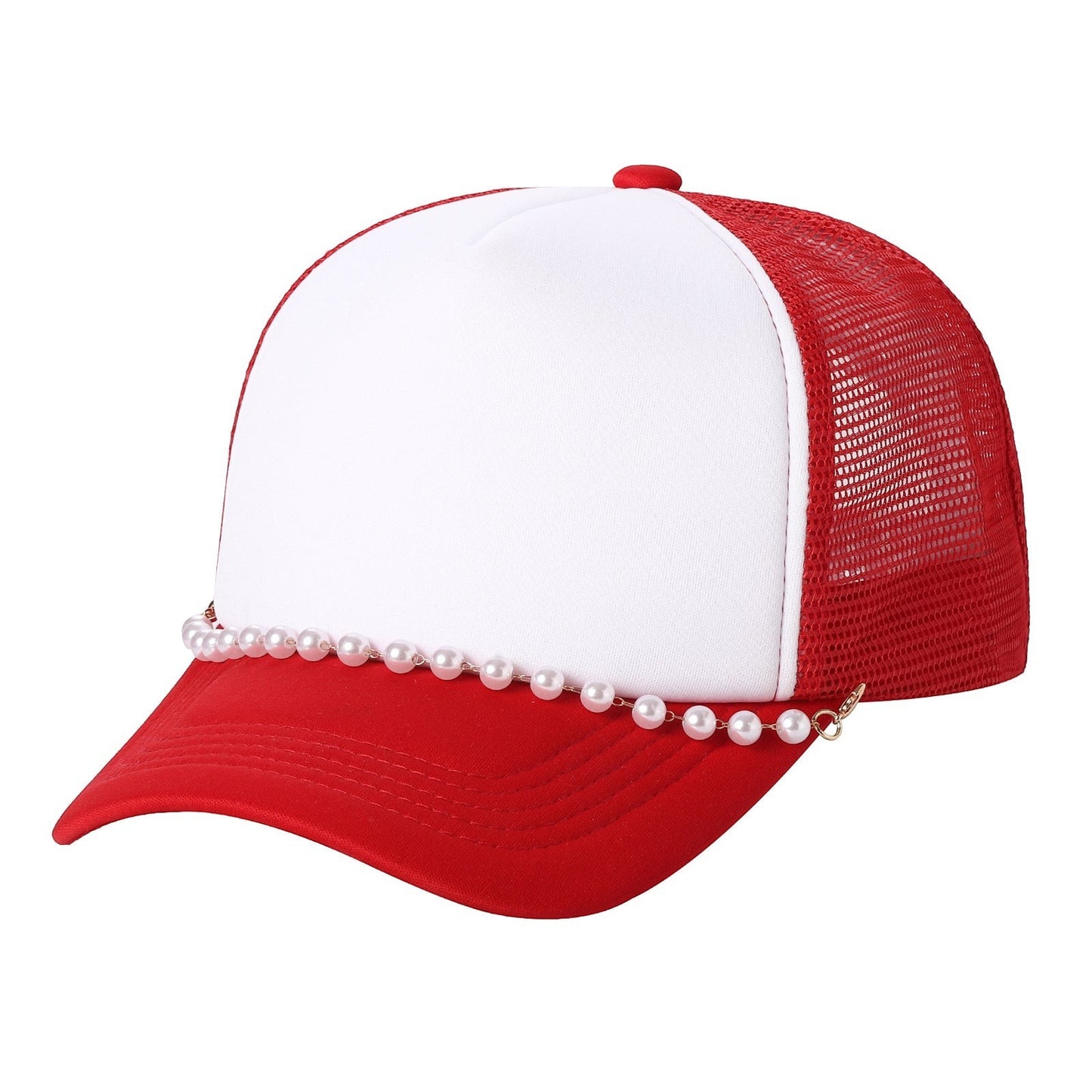 Waycap Pearl trucker hat in red and white with a pearl accent across the brim and mesh back.