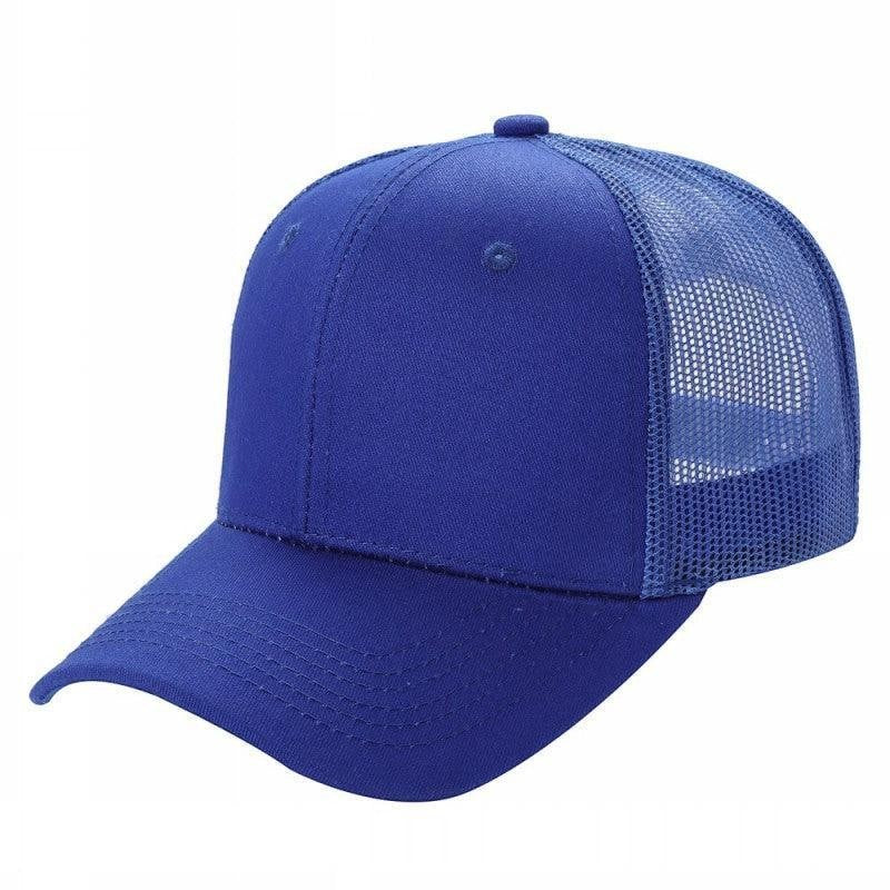 Waycap 6 Panel Curve Trucker Mesh Hat in royal blue, featuring breathable mesh back panels and a curved brim.