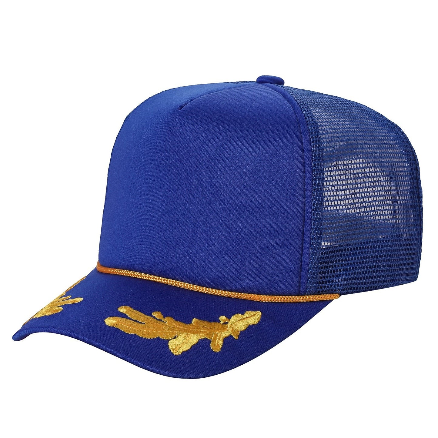 Waycap sponge trucker hat in royal blue with gold embroidery on the brim and a mesh back.