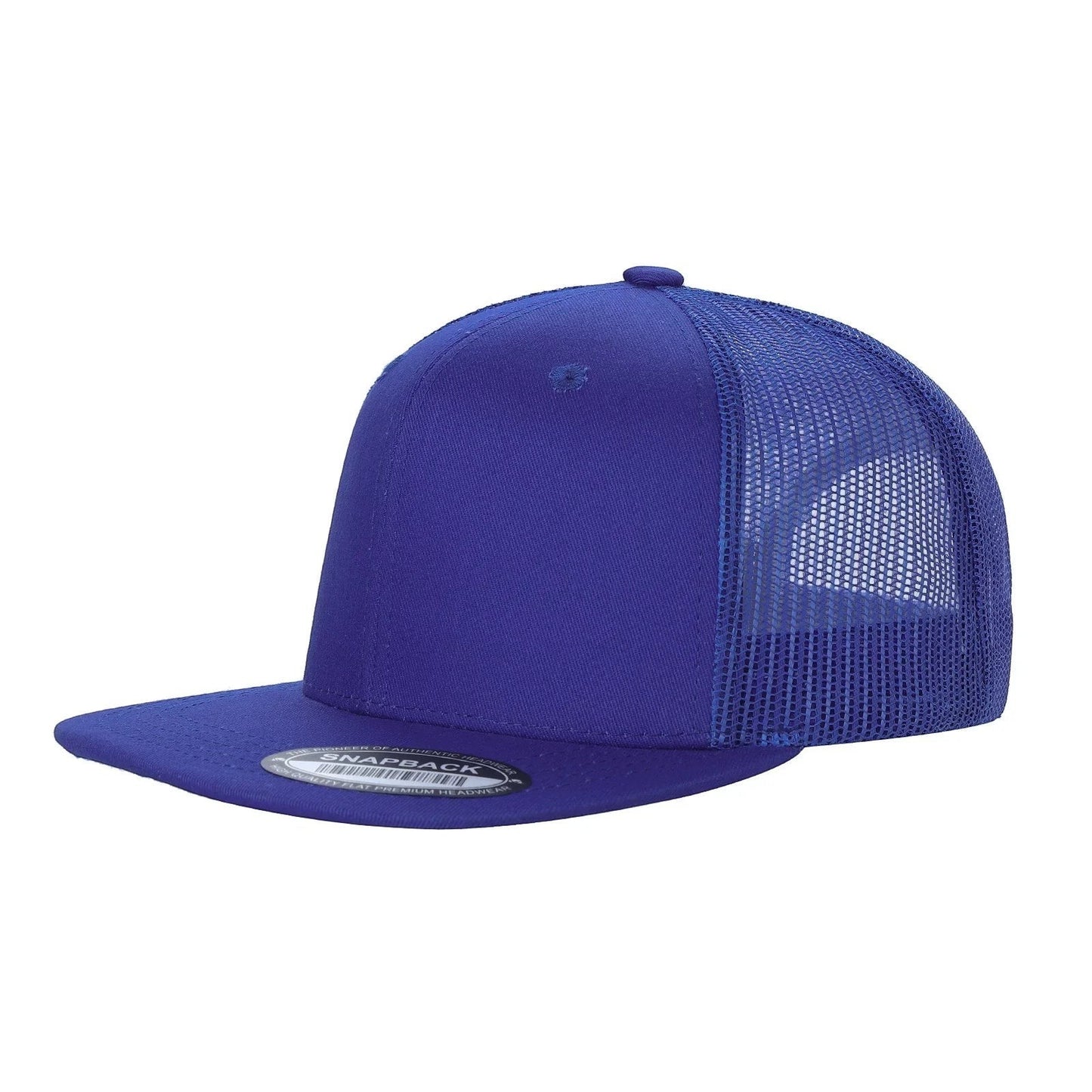 Waycap 6FTM royal blue 6-panel flat bill trucker hat with mesh back, made of cotton and polyester.