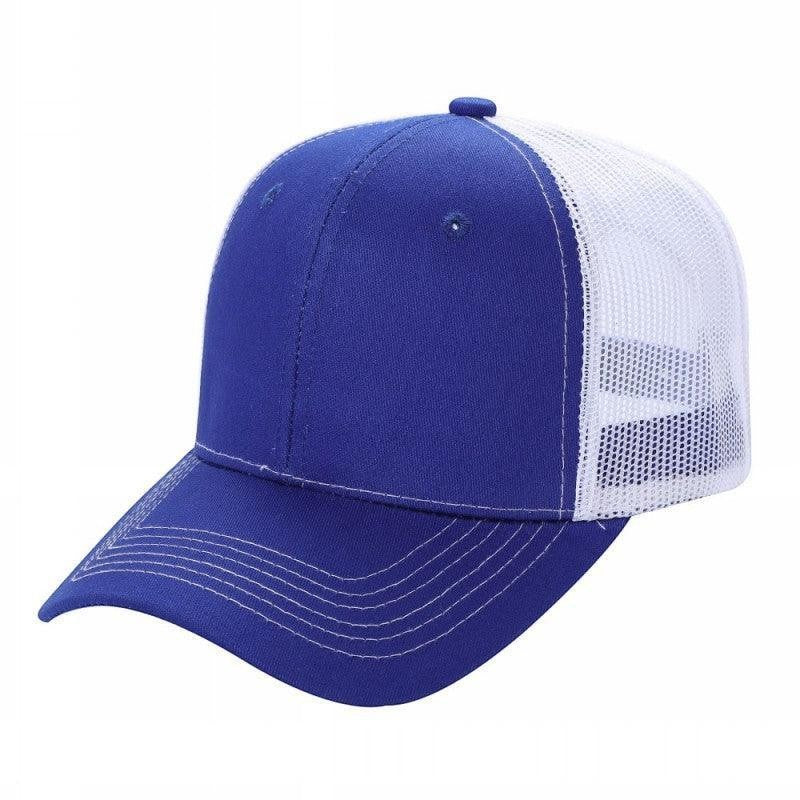 Waycap 6 Panel Curve Trucker Mesh Hat in royal blue with white mesh back panels and a curved brim.