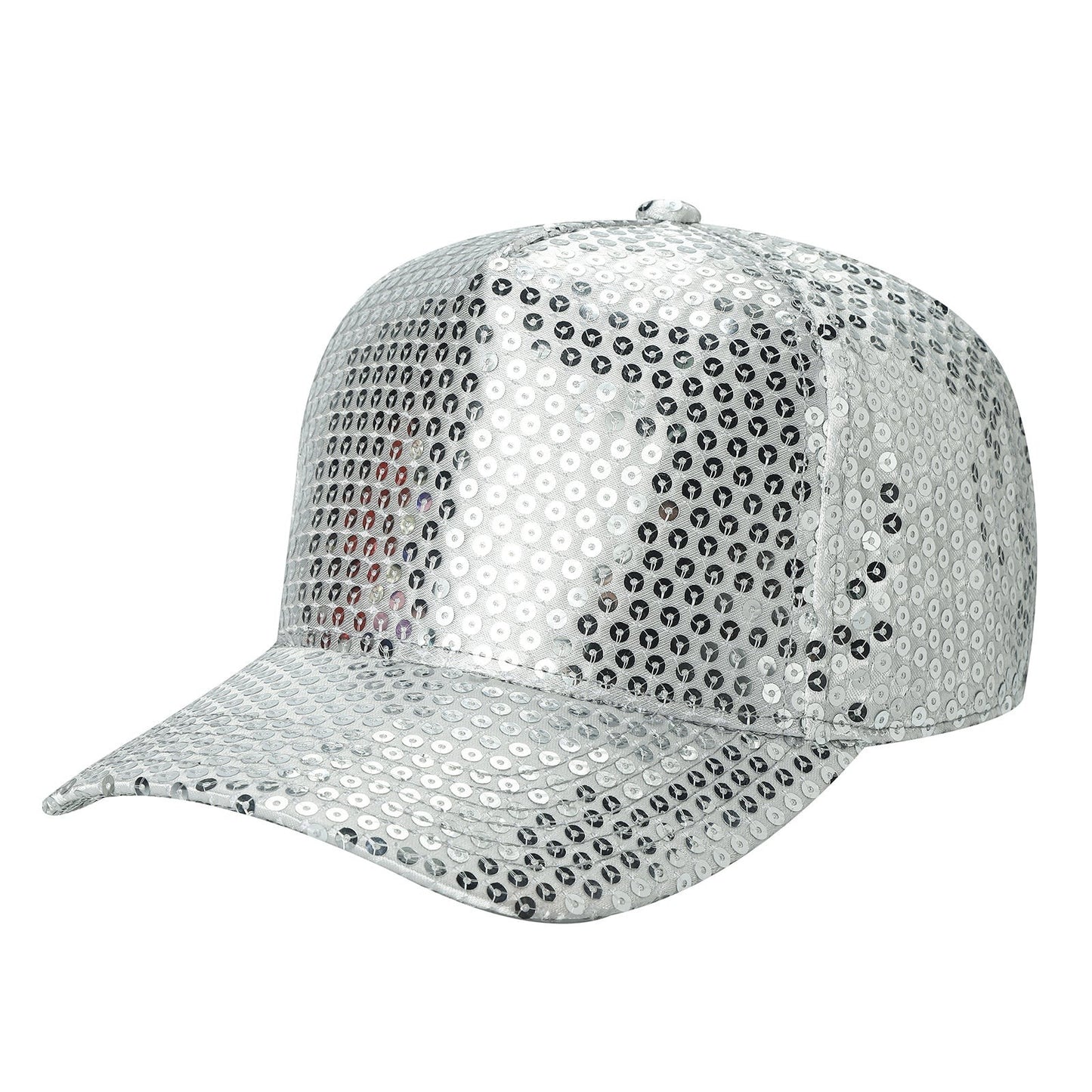 Waycap 5G Sequin Hat in silver, a dazzling baseball cap covered in shiny sequins. Features an adjustable strap for a comfortable fit.