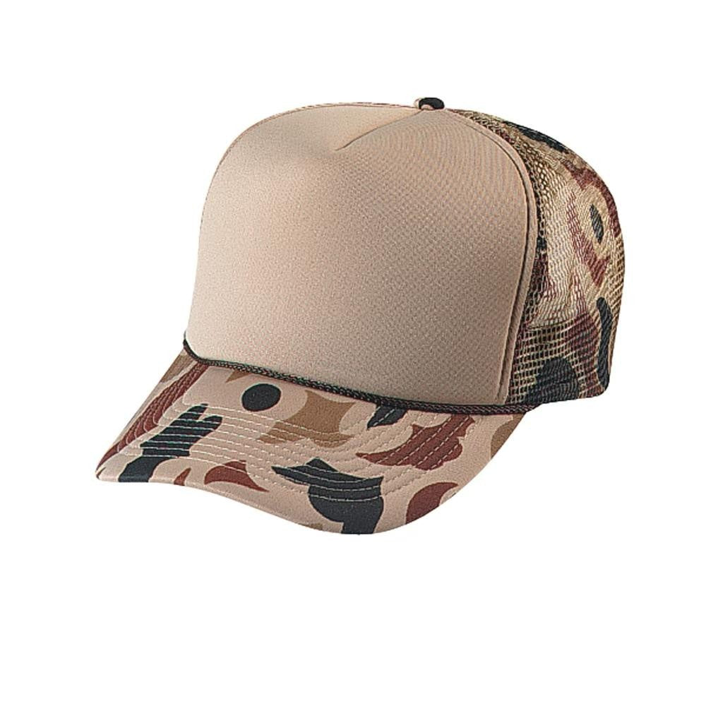 Waycap Sponge foam trucker hat with tan front panel and camouflage brim and mesh back. Adjustable snapback closure.
