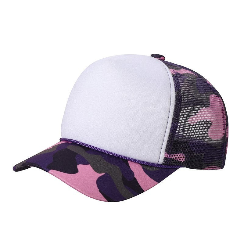 Waycap Sponge foam trucker hat with white front panel and pink, purple, and grey camouflage mesh back. Adjustable snapback.