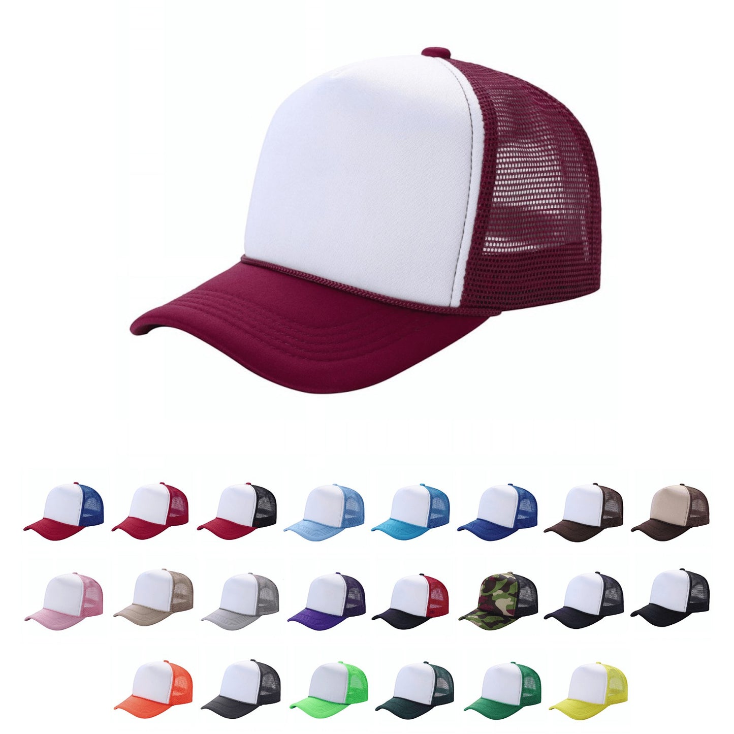 Waycap Sponge trucker hat with white foam front panel and maroon mesh back. Adjustable snapback closure.