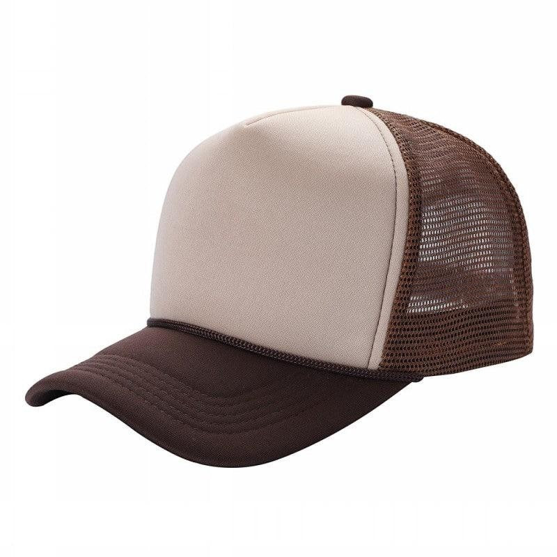 Waycap Sponge trucker hat with beige foam front and brown mesh back, adjustable snapback closure.