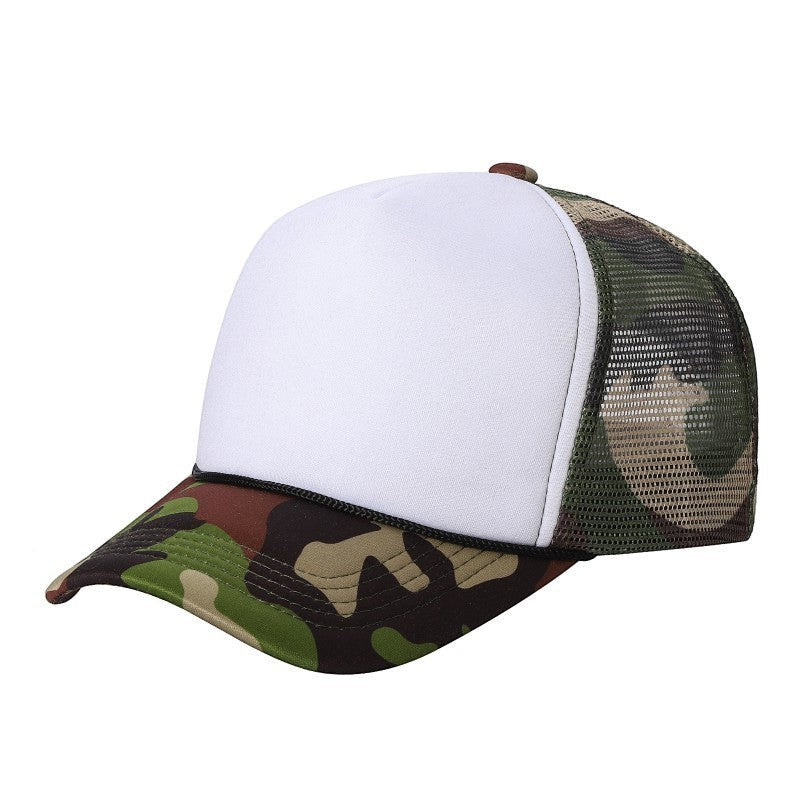 Waycap Sponge trucker hat with white foam front panel and camouflage brim and mesh back. Adjustable snapback closure.
