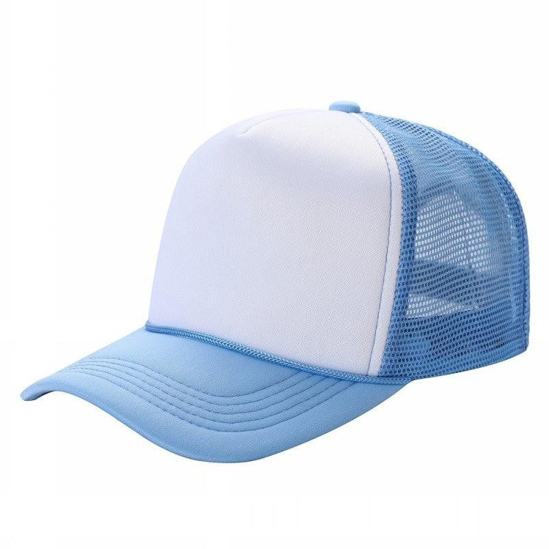 Waycap Sponge trucker hat with white foam front panel and blue mesh back. Features a blue brim and adjustable snapback.