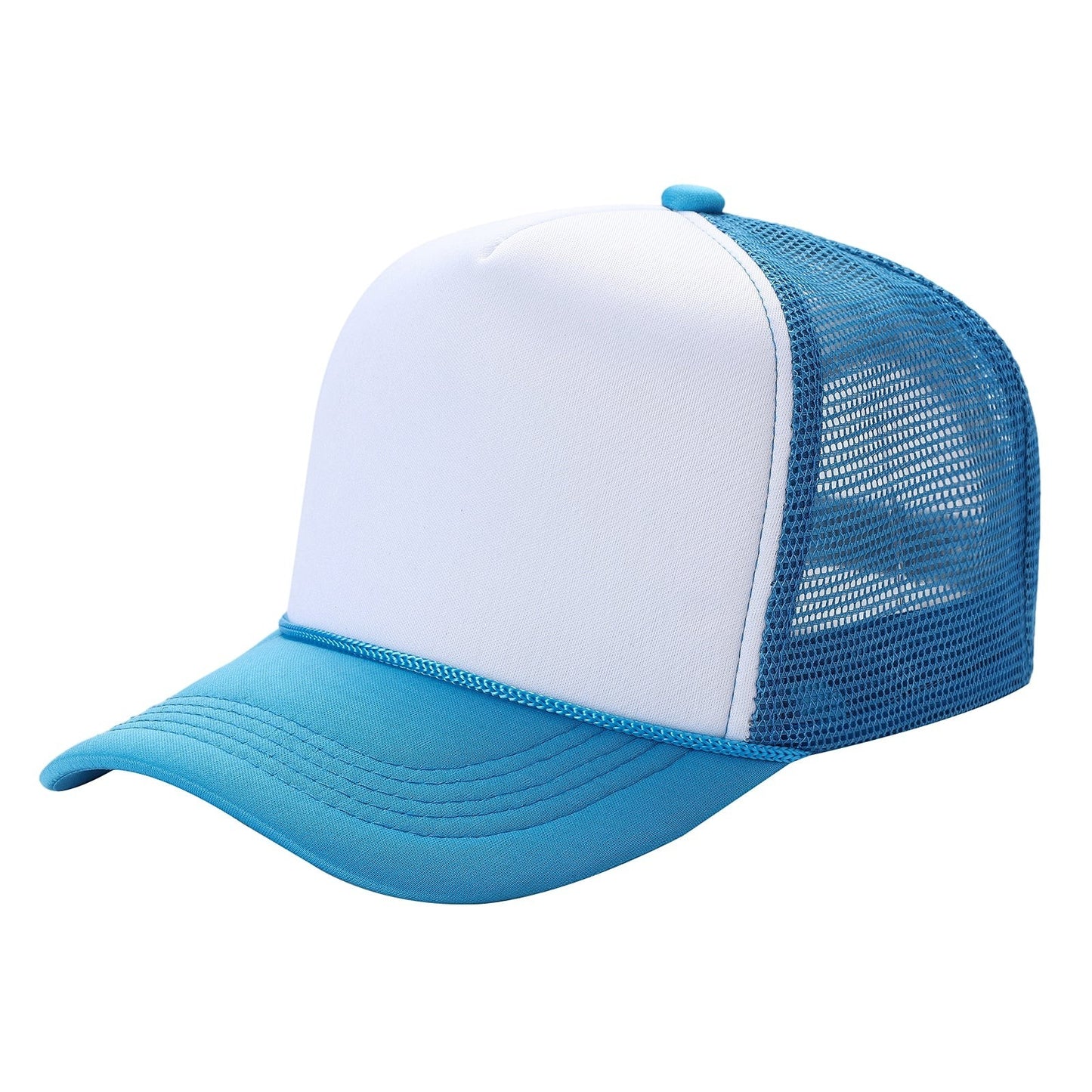 Waycap Sponge trucker hat with white foam front and blue mesh back, blue brim and rope detail.