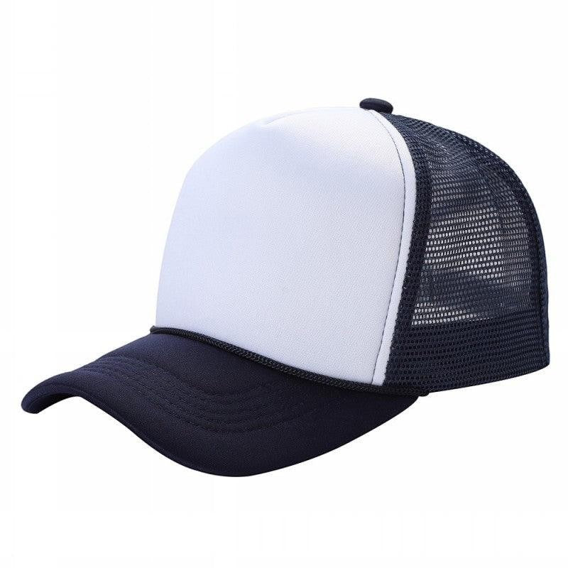 Waycap Sponge trucker hat with white foam front and navy mesh back, adjustable snapback closure.
