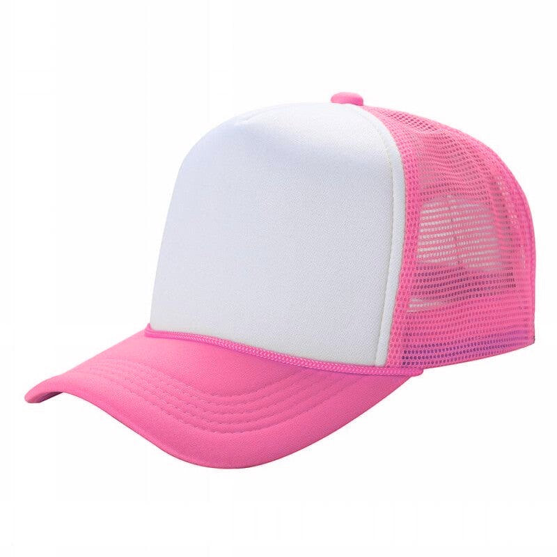 Waycap Sponge trucker hat with white foam front and pink mesh back. Features a structured brim and adjustable snapback.