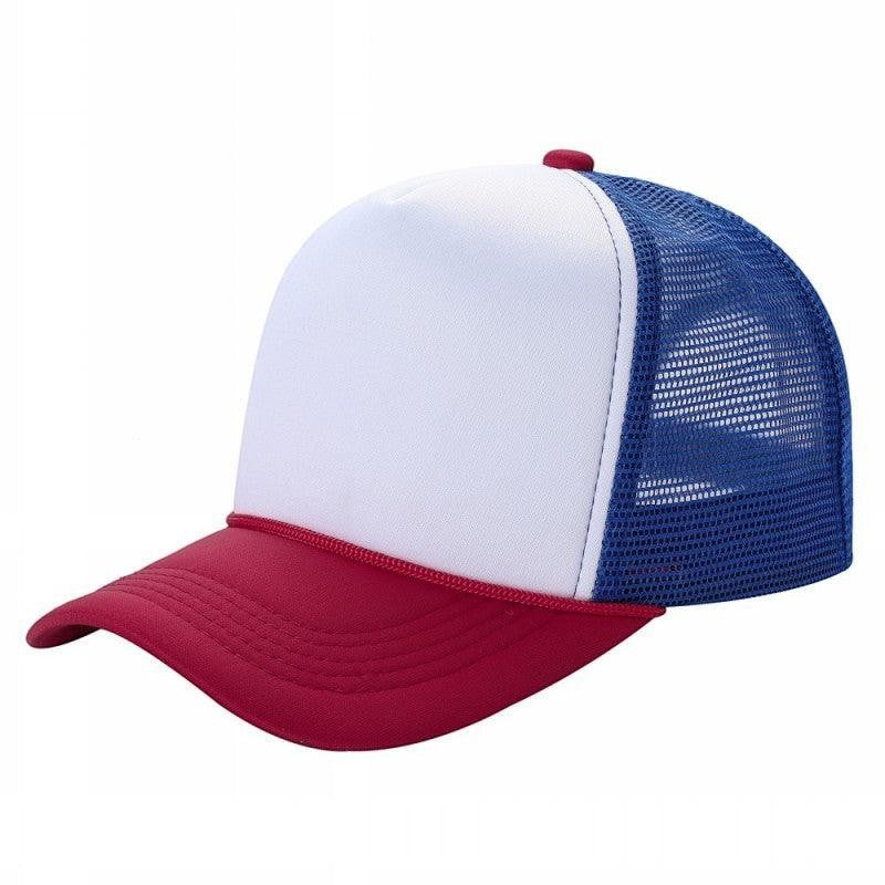 Waycap Sponge trucker hat with white foam front, red brim, and blue mesh back. Adjustable snapback closure.