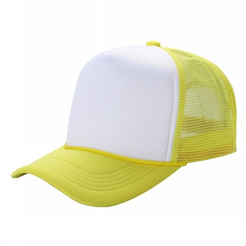 Waycap Sponge trucker hat with white foam front panel and yellow mesh back. Features a yellow brim and rope detail.
