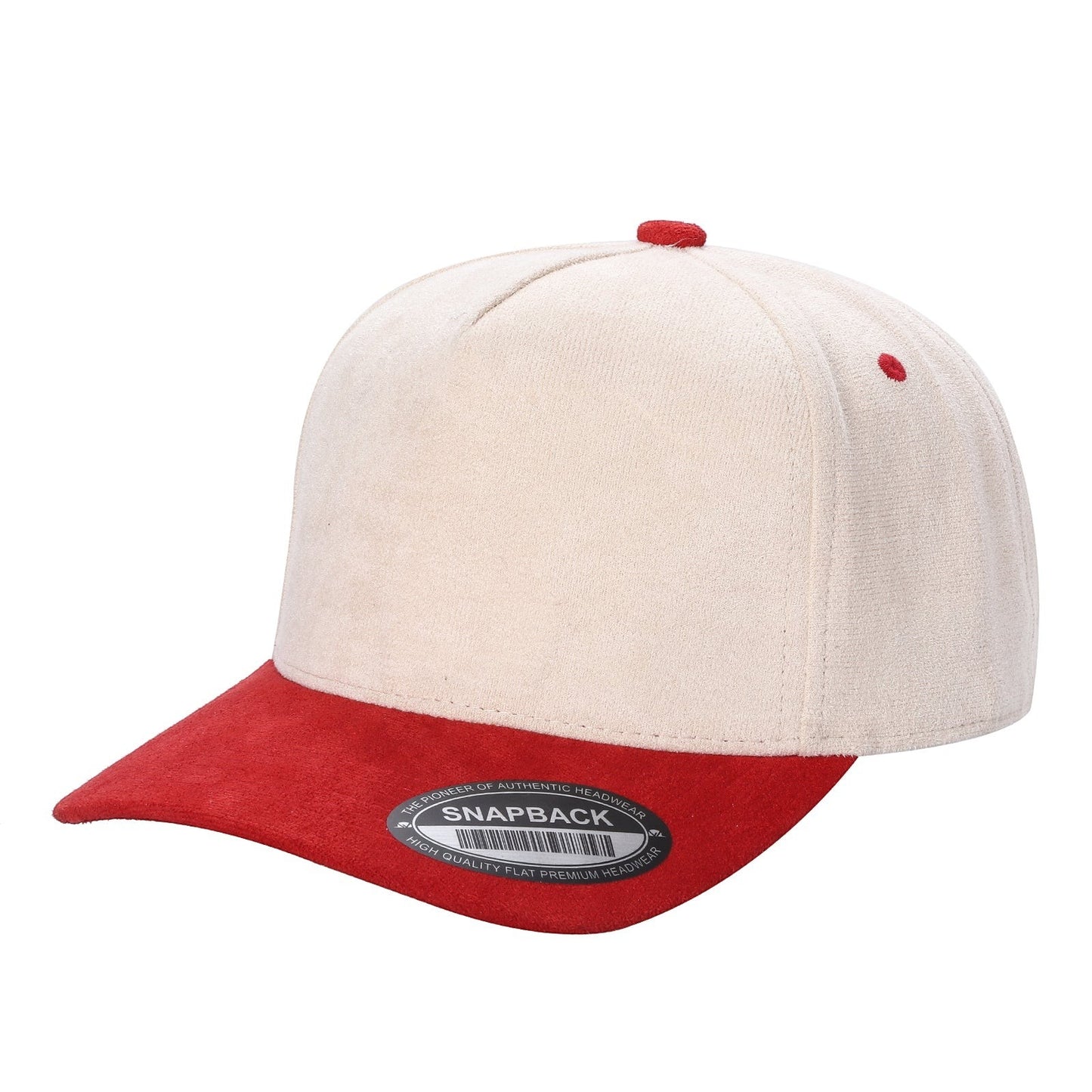 Waycap 5SUEDE snapback hat in cream with red brim and button. Made of suede.