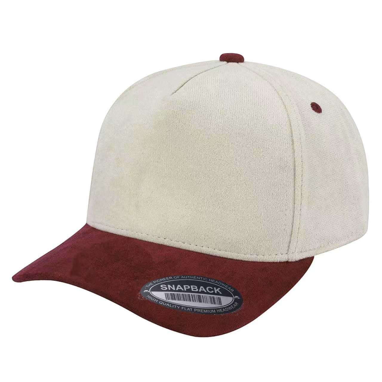 Waycap 5SUEDE two-tone snapback hat in cream and burgundy suede. Classic baseball cap style with adjustable strap.