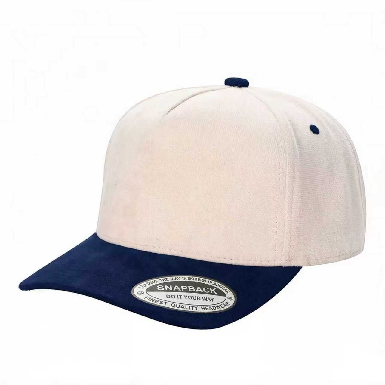 Waycap 5SUEDE premium suede snapback hat in cream with navy blue brim and button. Adjustable fit.