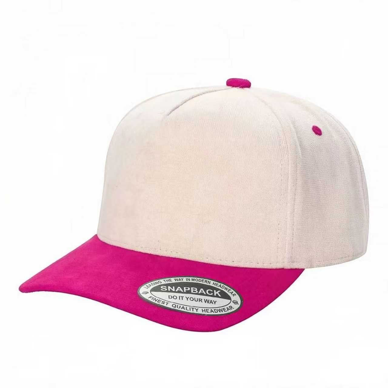 Waycap 5SUEDE snapback hat in cream and hot pink suede with adjustable strap. Classic baseball cap style.
