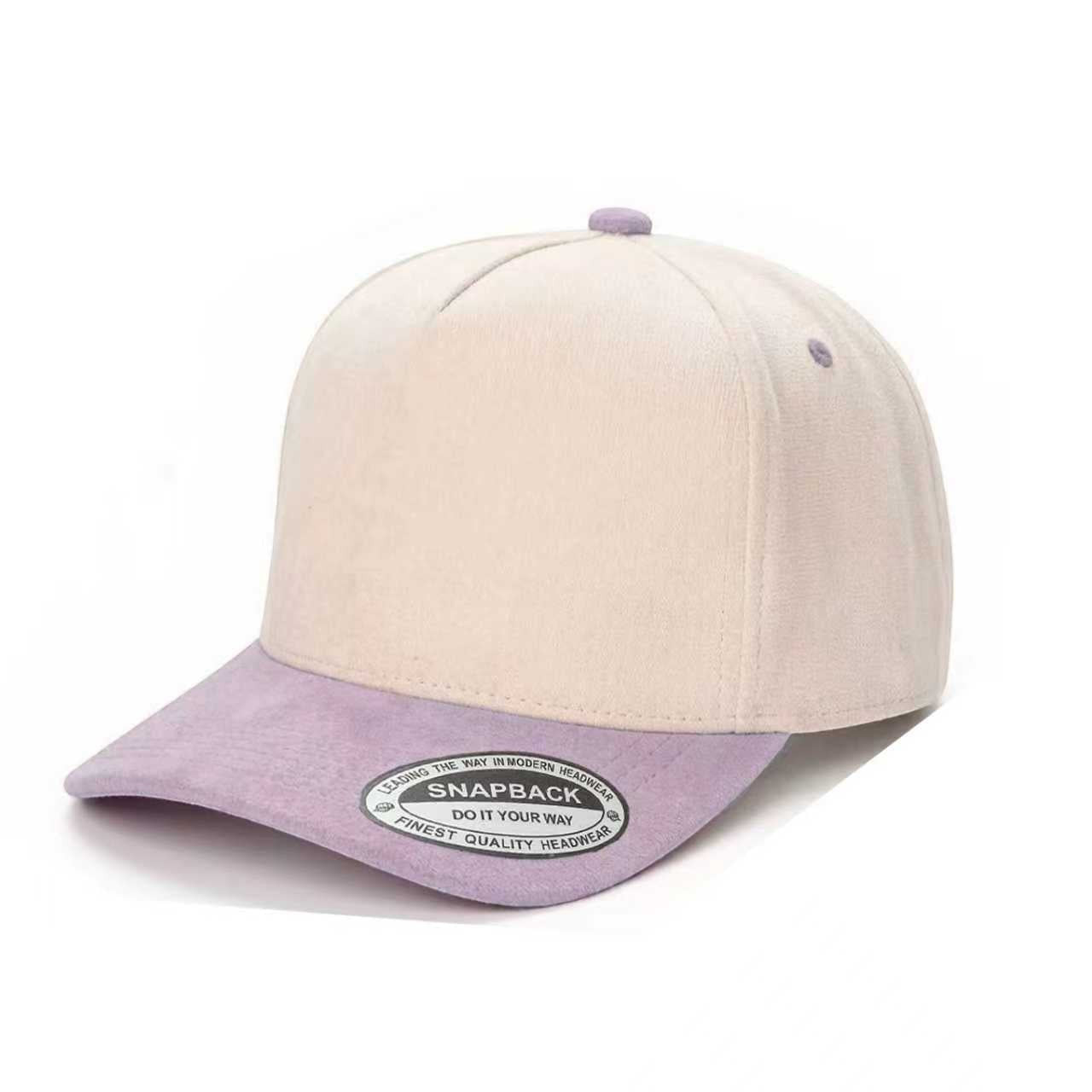 Waycap 5SUEDE snapback hat in cream and light purple suede with adjustable strap. Classic baseball cap style.