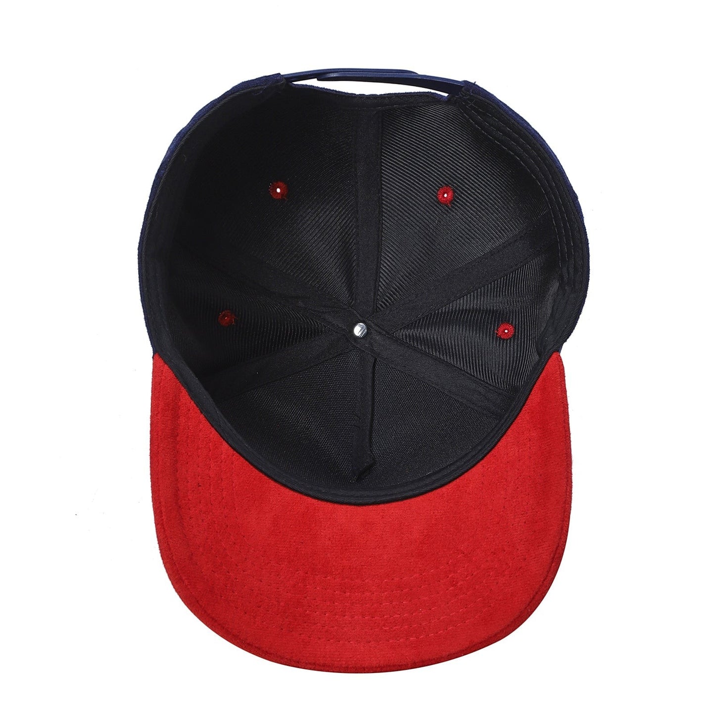 Waycap 5SUEDE premium suede snapback hat, red brim, navy blue crown, adjustable strap. Classic baseball cap style.