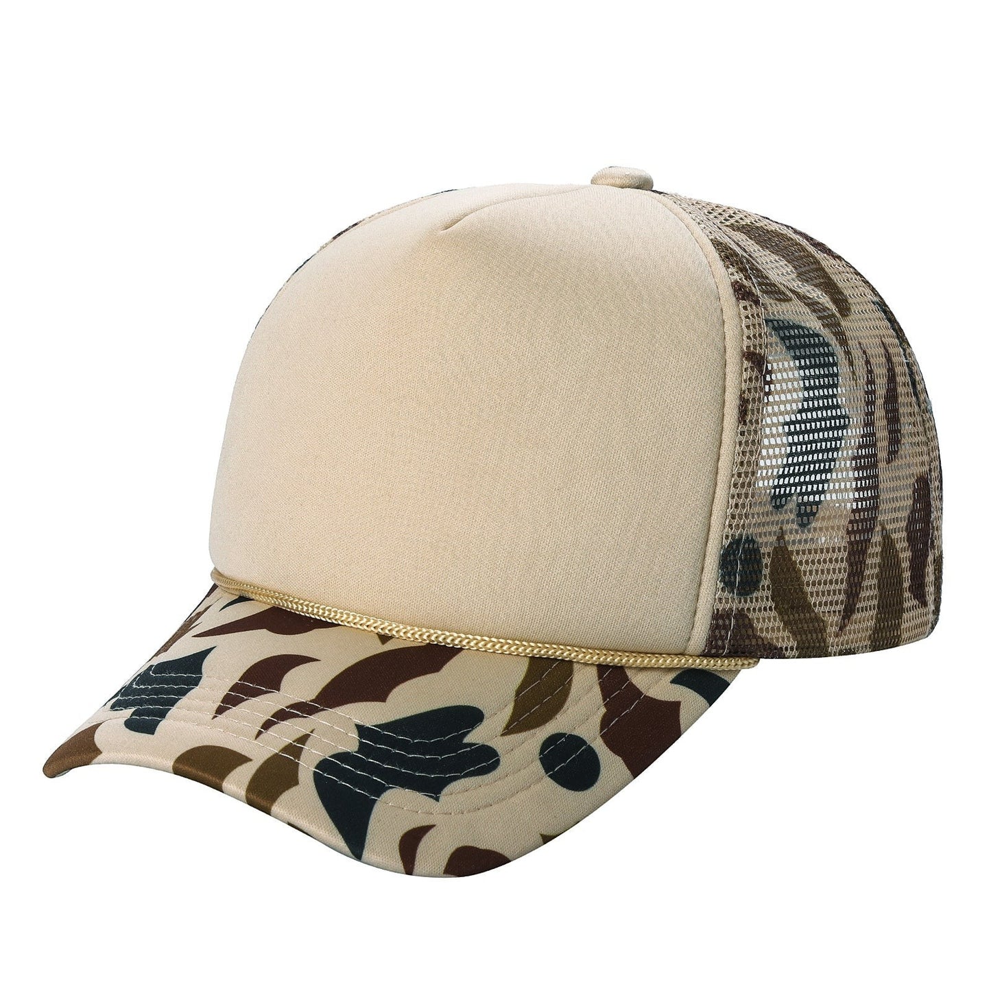 Waycap SBM foam front trucker hat in tan with camouflage brim and mesh back. Features a gold rope detail.
