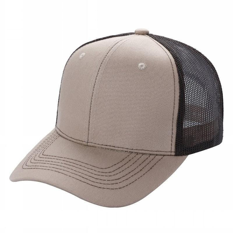 Waycap 6 Panel Curve Trucker Mesh Hat in tan with black mesh back panels and a curved brim.