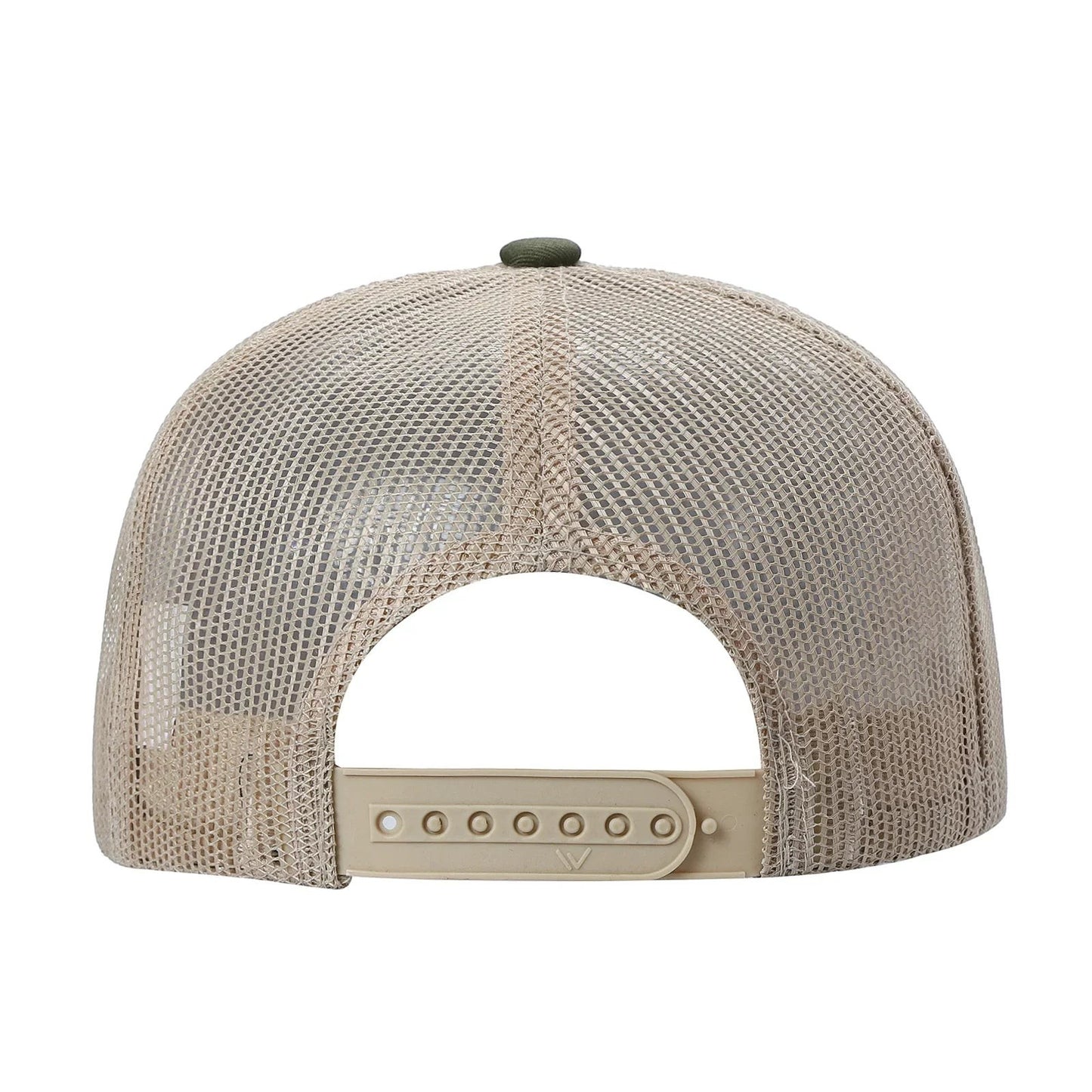 Waycap 6 Panel Flat Bill Mesh hat in tan with green button and adjustable snapback closure. Cotton and polyester blend.
