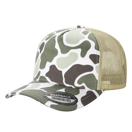 Waycap TCC Camo Hat with a classic camouflage pattern in green, brown, and white. Features a breathable mesh back and adjustable snapback closure.