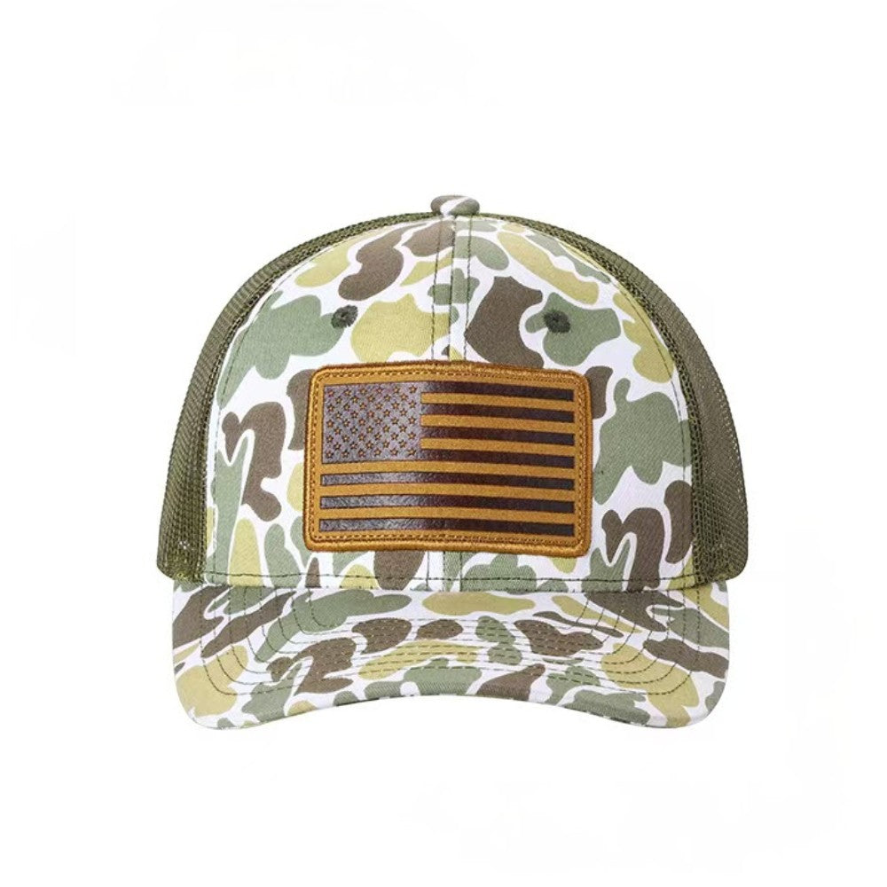 Waycap TCC Camo Hat with embroidered American flag patch and green mesh back. Adjustable snapback for a custom fit.