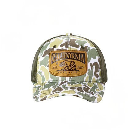 Waycap TCC Camo Hat with California Republic patch and mesh back. Features a classic camouflage pattern in green, brown, and tan.