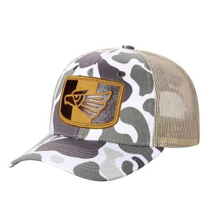 Waycap TCC Camo Hat with embroidered eagle patch and breathable mesh back. Adjustable snapback closure.