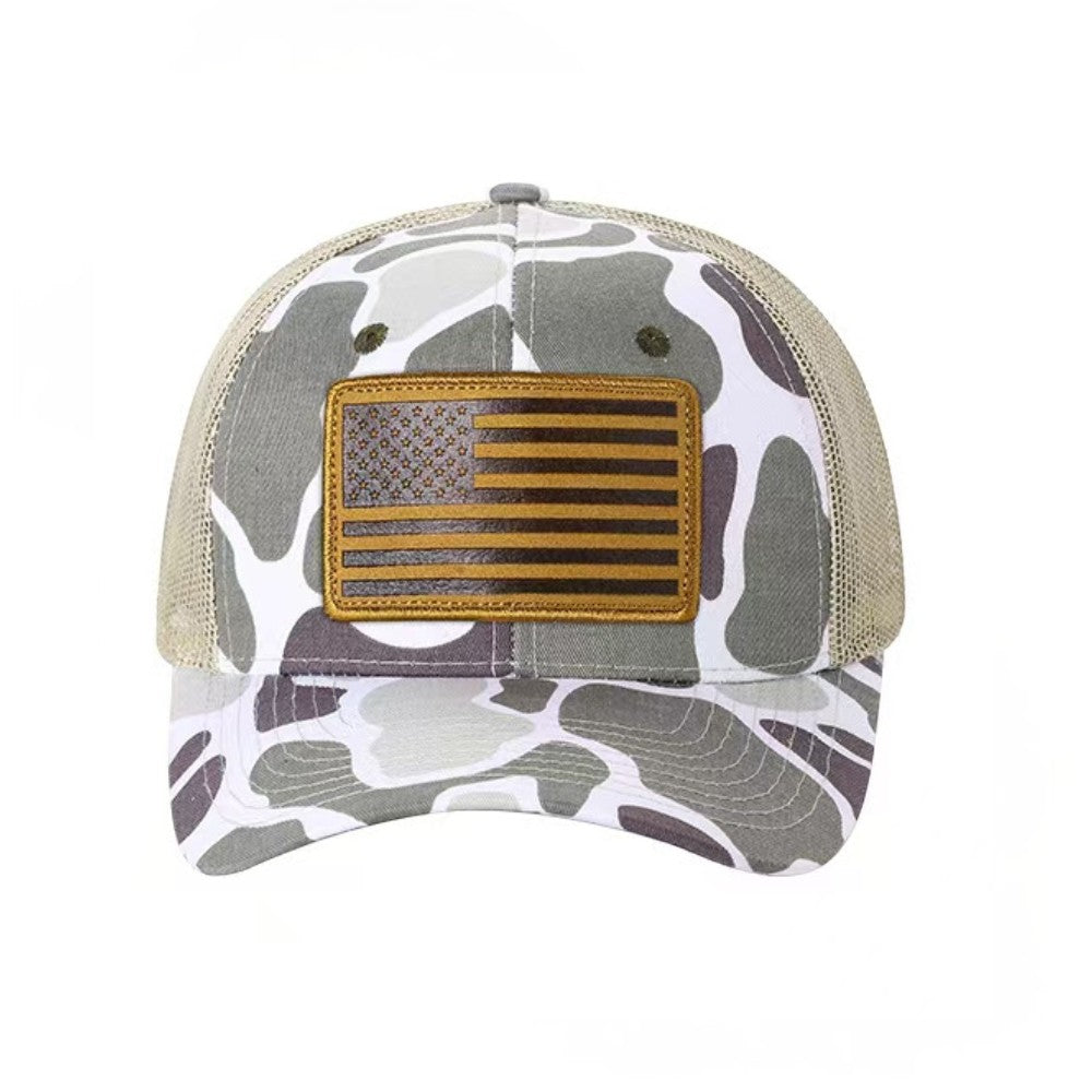 Waycap TCC Camo Hat with embroidered American flag patch, breathable mesh back, and adjustable snapback closure.