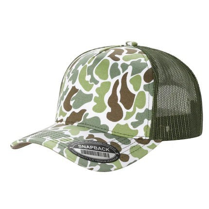 Waycap TCC Camo Hat with green mesh back and adjustable snapback closure. Features a classic camouflage pattern.