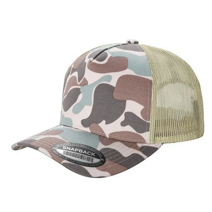 Waycap TCC Camo Hat trucker hat with breathable mesh back and adjustable snapback closure. Features a classic camouflage pattern in earthy tones.