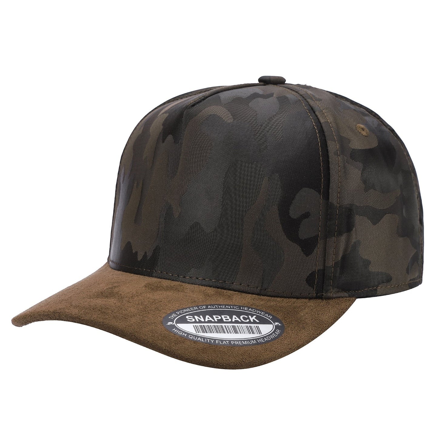 Waycap TCCS TC Camo Suede snapback cap with brown suede brim and camouflage pattern crown.
