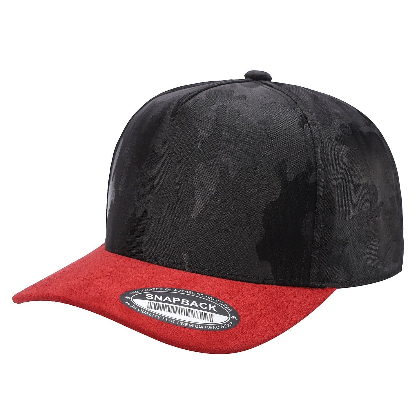 Waycap TCCS TC Camo Suede snapback cap with black camouflage crown and red suede brim. Adjustable fit.