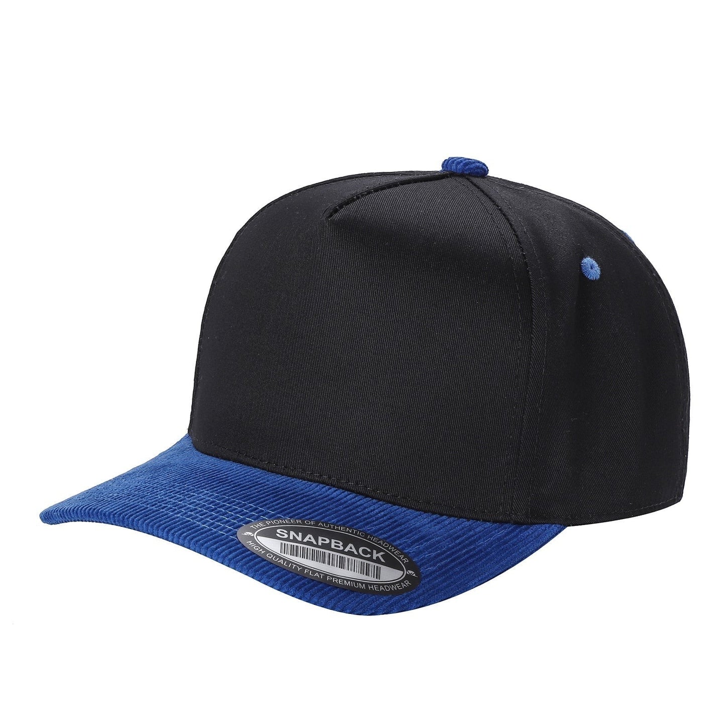 Waycap TCFC black snapback cap with a contrasting blue corduroy bill and blue eyelets.