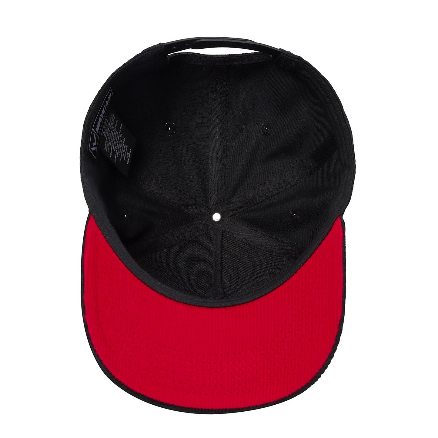 Waycap TCFC Corduroy Bill black snapback cap with a red corduroy bill and flat brim.