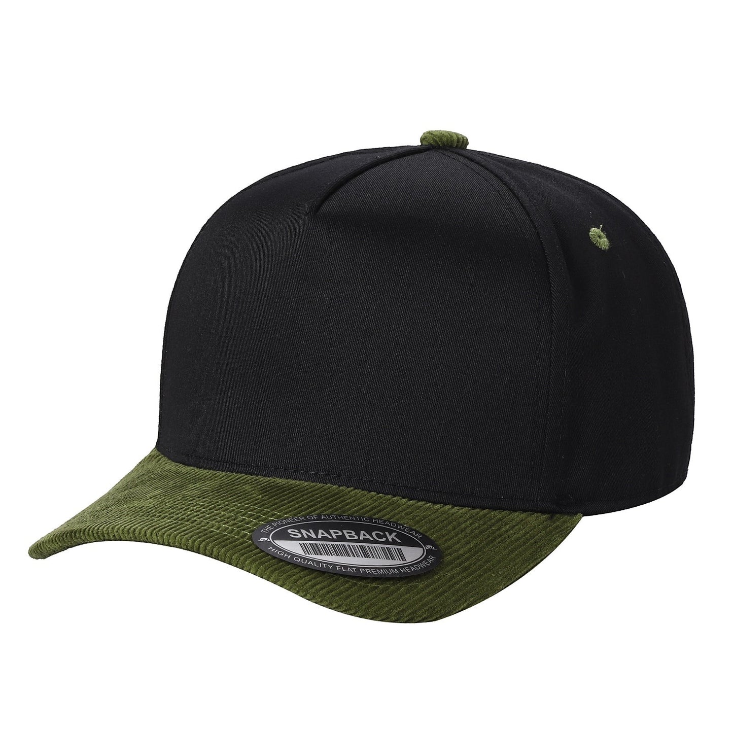 Waycap TCFC Corduroy Bill snapback cap in black with a green corduroy bill and button detail.