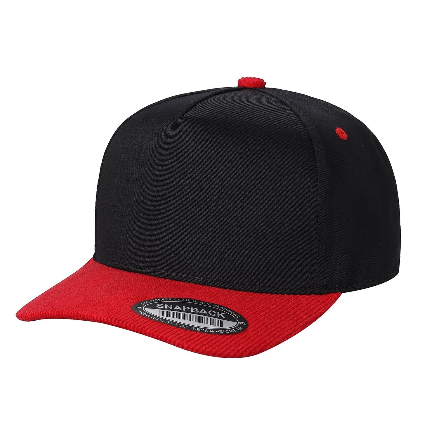 Waycap TCFC Corduroy Bill snapback cap with black crown and red corduroy flat brim. Features red button and eyelets.
