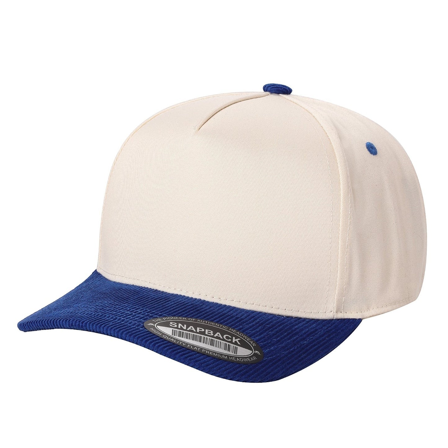 Waycap TCFC cream canvas snapback cap with a royal blue corduroy bill and button detail.
