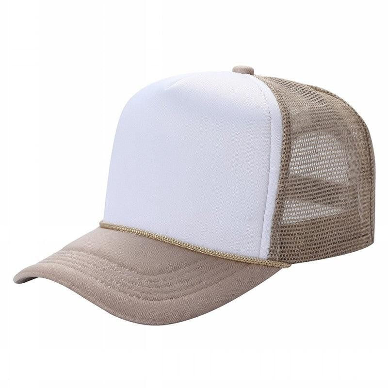Waycap Spongebob trucker hat with white foam front and tan brim, mesh back for breathability.
