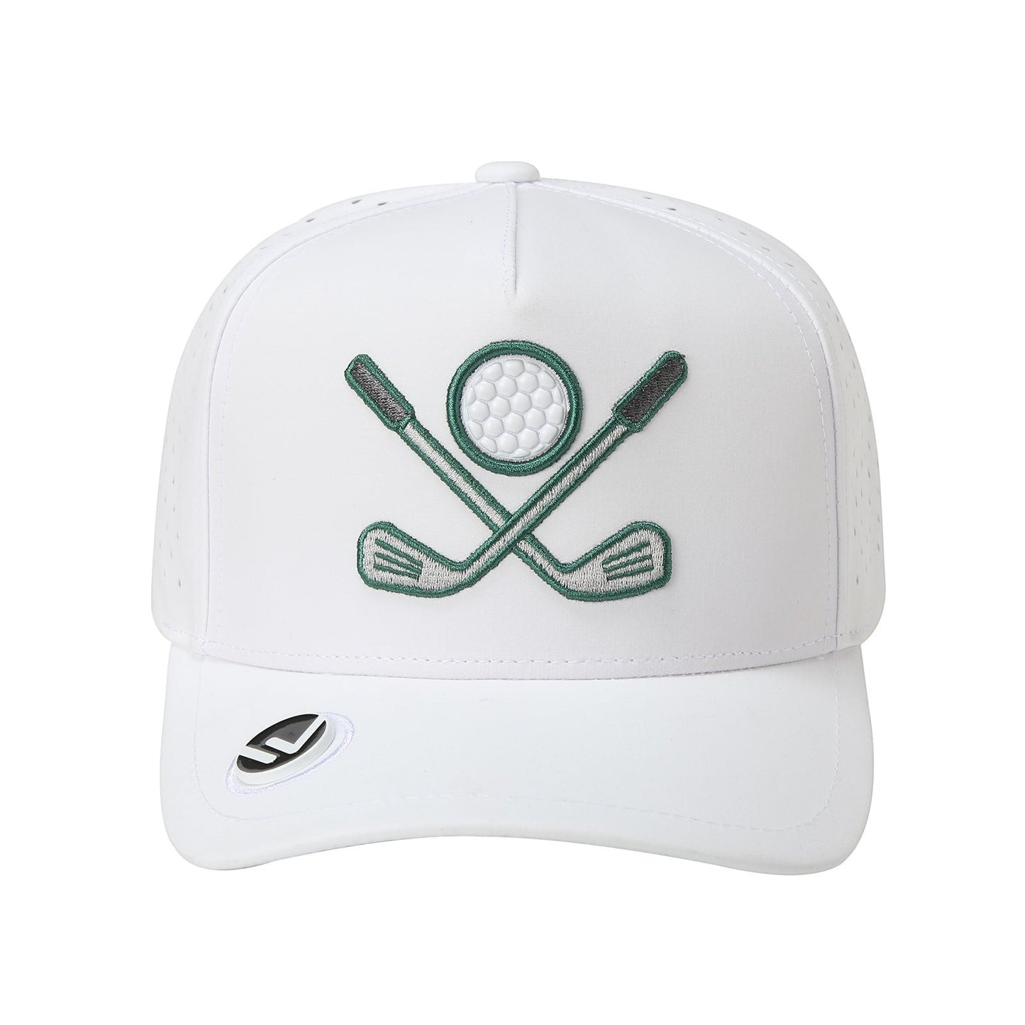 Waycap 5GOLF white 5-panel waterproof polyester golf cap with embroidered crossed clubs and ball logo. Features laser-cut perforations and snapback closure.