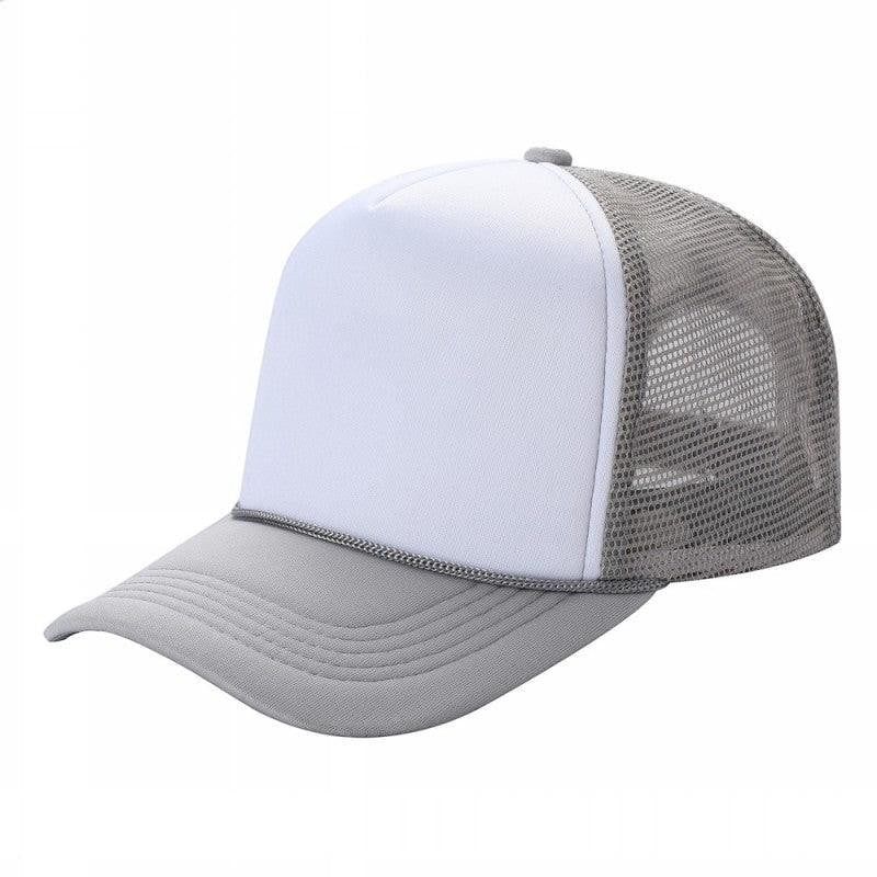 Waycap foam front trucker hat with white crown and grey mesh back and brim. Adjustable snapback closure.