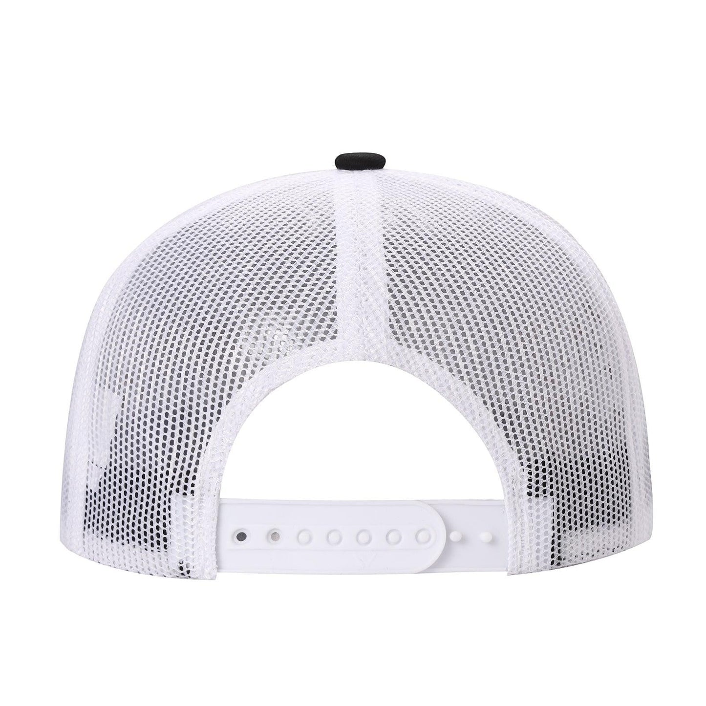 Waycap 5-panel trucker mesh hat in white with black top button and adjustable snapback closure. Polyester front and mesh back.