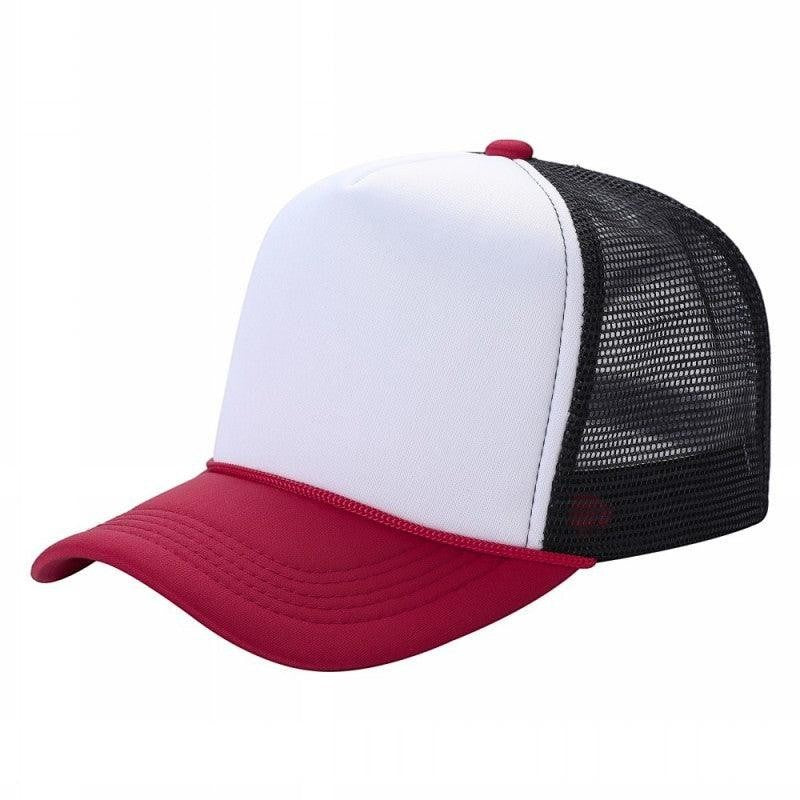 Waycap sponge trucker hat with white foam front panel, red brim, and black mesh back. Adjustable snapback closure.