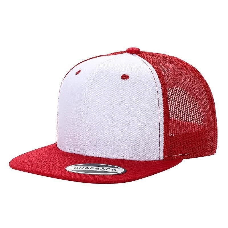 Waycap 6-panel trucker hat with flat bill, white front panels and red mesh back. Adjustable snapback closure.